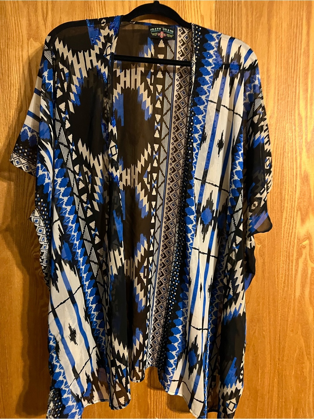 Crazy Train Blue Black and White Geometric Kimono